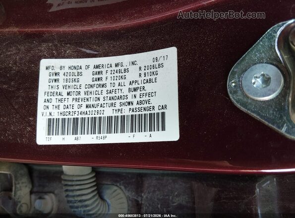 1HGCR2F34HA302902 2017 HONDA ACCORD Maroon Widok komory silnika