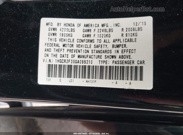 1HGCR2F35GA099310 2016 HONDA ACCORD Black Շարժիչի բաժամունքի տեսք