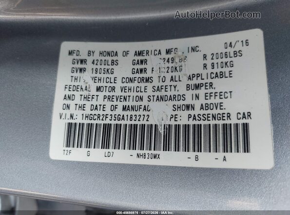 1HGCR2F35GA183272 2016 HONDA ACCORD Серебряный Вид подкапотного пространства