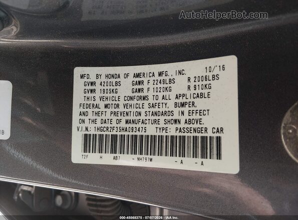 1HGCR2F35HA093475 2017 HONDA ACCORD Серый Вид подкапотного пространства