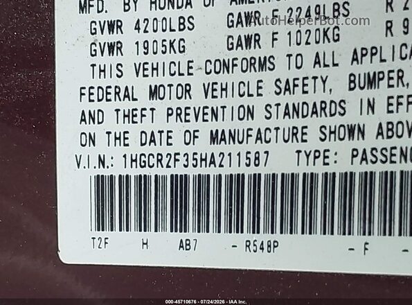 1HGCR2F35HA211587 2017 HONDA ACCORD Burgundy ძრავის განყოფილების ხედი