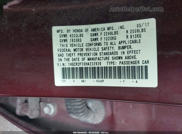 1HGCR2F35HA232939 2017 HONDA ACCORD Burgundy Շարժիչի բաժամունքի տեսք