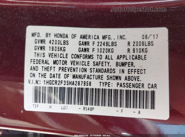 1HGCR2F35HA287956 2017 HONDA ACCORD Бордовый Вид подкапотного пространства