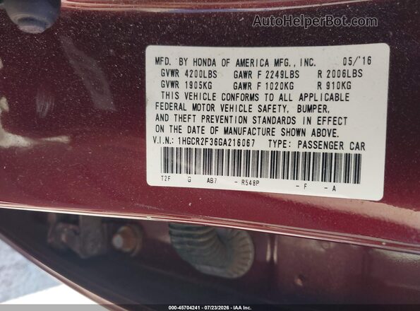 1HGCR2F36GA216067 2016 HONDA ACCORD Red ძრავის განყოფილების ხედი