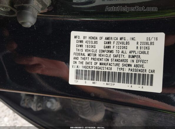 1HGCR2F36GA227408 2016 HONDA ACCORD Черный Вид подкапотного пространства