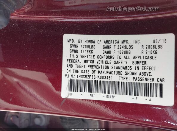 1HGCR2F36HA003461 2017 HONDA ACCORD Burgundy Widok komory silnika