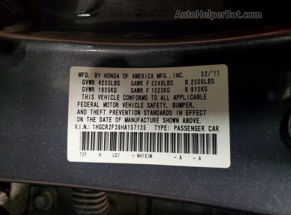 1HGCR2F36HA157135 2017 HONDA ACCORD Gray Շարժիչի բաժամունքի տեսք