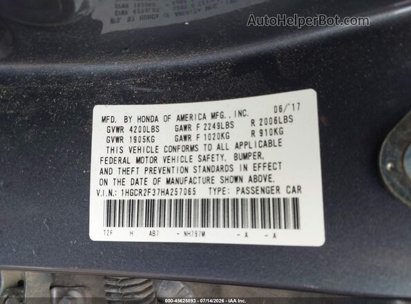 1HGCR2F37HA257065 2017 HONDA ACCORD Серый Вид подкапотного пространства