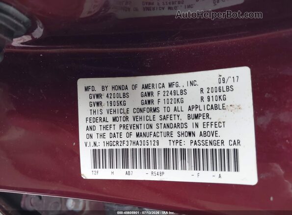 1HGCR2F37HA305129 2017 HONDA ACCORD Burgundy Widok komory silnika