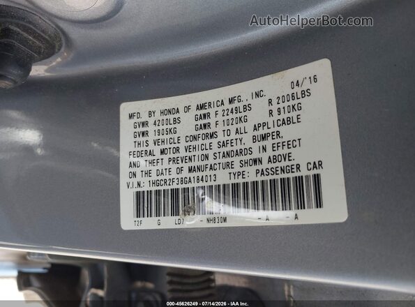 1HGCR2F38GA184013 2016 HONDA ACCORD Silver ძრავის განყოფილების ხედი