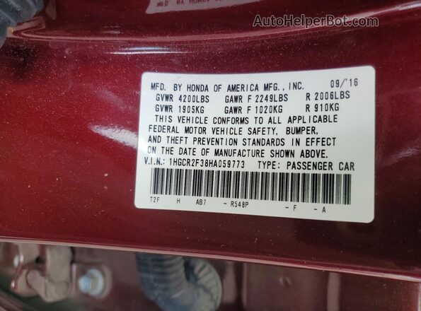 1HGCR2F38HA059773 2017 HONDA ACCORD Burgundy Engine compartment view