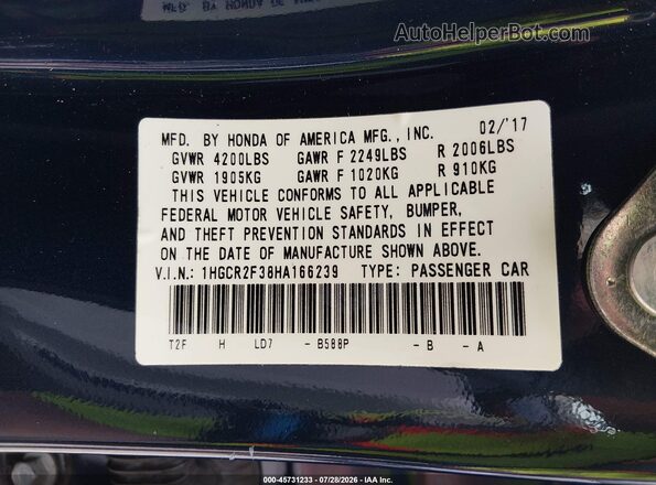 1HGCR2F38HA166239 2017 HONDA ACCORD Blue Շարժիչի բաժամունքի տեսք