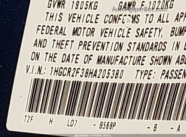 1HGCR2F38HA205380 2017 HONDA ACCORD Blue Vista del compartimento del motor