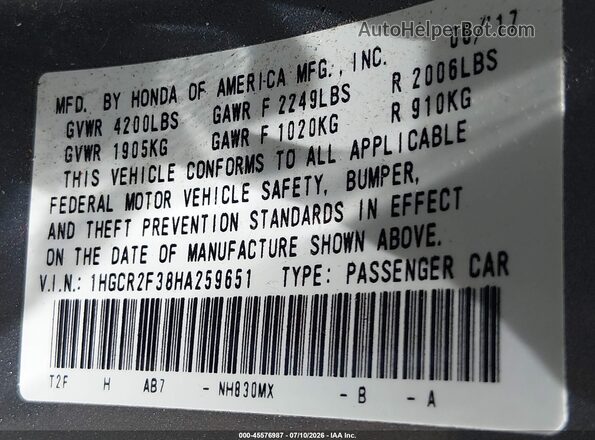 1HGCR2F38HA259651 2017 HONDA ACCORD Silver Vista del compartimento del motor
