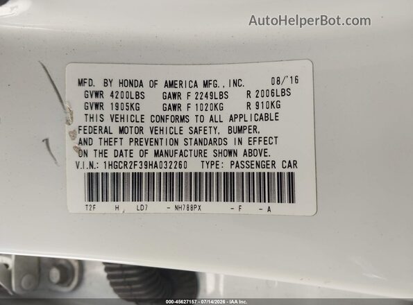 1HGCR2F39HA032260 2017 HONDA ACCORD White Engine compartment view