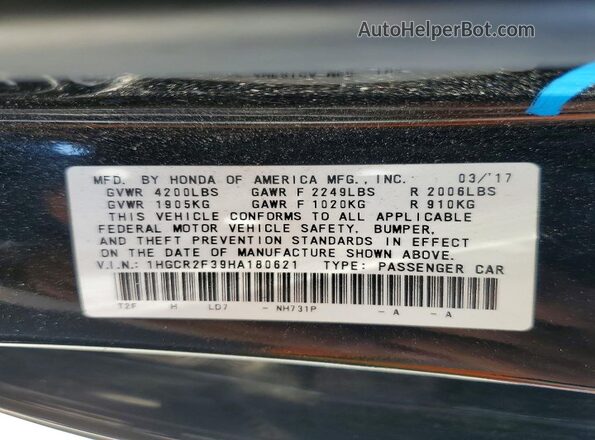 1HGCR2F39HA180621 2017 HONDA ACCORD Черный Вид подкапотного пространства