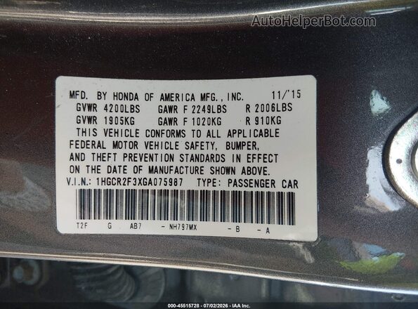 1HGCR2F3XGA075987 2016 HONDA ACCORD Gray Vista del compartimento del motor