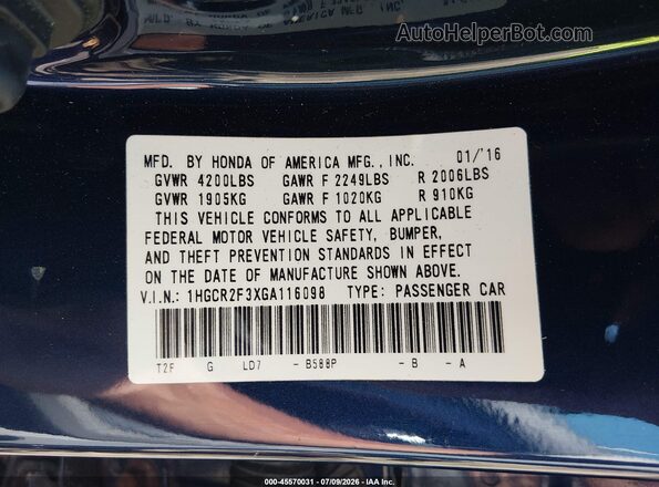 1HGCR2F3XGA116098 2016 HONDA ACCORD Синий Вид наклейки с VIN-кодом