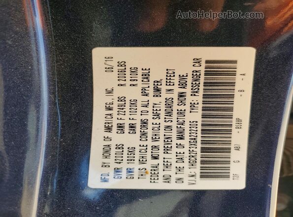 1HGCR2F3XGA232305 2016 HONDA ACCORD Black Вид підкапотного простору