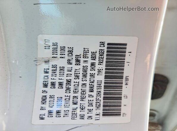 1HGCR2F3XHA168400 2017 HONDA ACCORD White Вид підкапотного простору