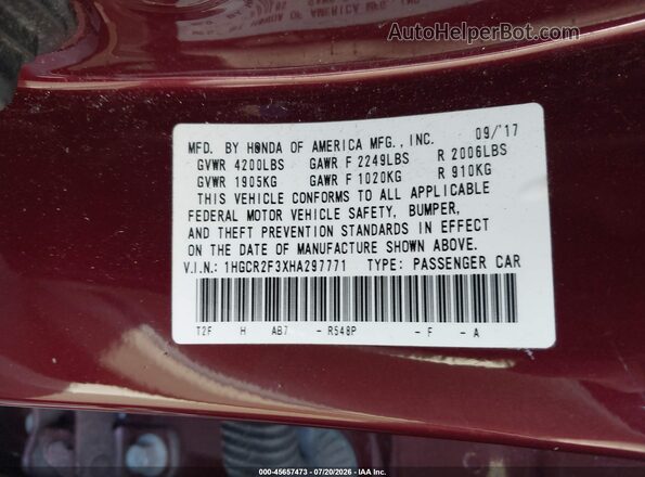 1HGCR2F3XHA297771 2017 HONDA ACCORD Burgundy Vista del compartimento del motor