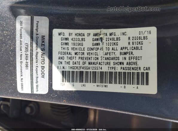 1HGCR2F45GA125574 2016 HONDA ACCORD Gray ძრავის განყოფილების ხედი