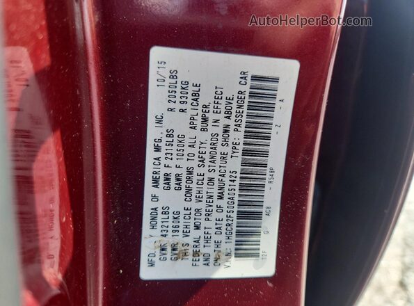 1HGCR2F50GA051425 2016 HONDA ACCORD Burgundy Vista del compartimento del motor