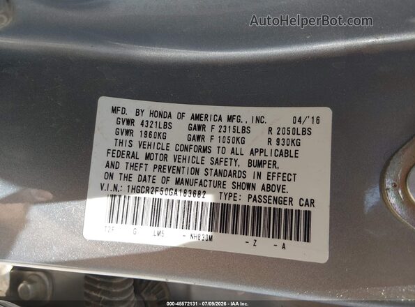 1HGCR2F50GA183682 2016 HONDA ACCORD Silver Շարժիչի բաժամունքի տեսք