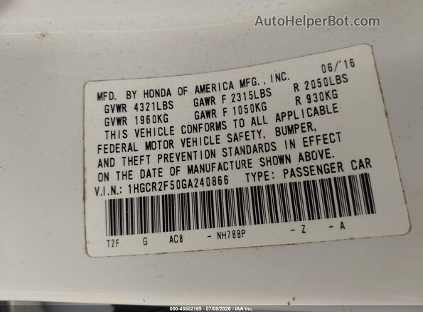 1HGCR2F50GA240866 2016 HONDA ACCORD White Vista del compartimento del motor
