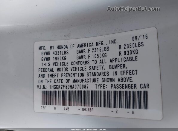 1HGCR2F50HA070087 2017 HONDA ACCORD Белый Вид подкапотного пространства