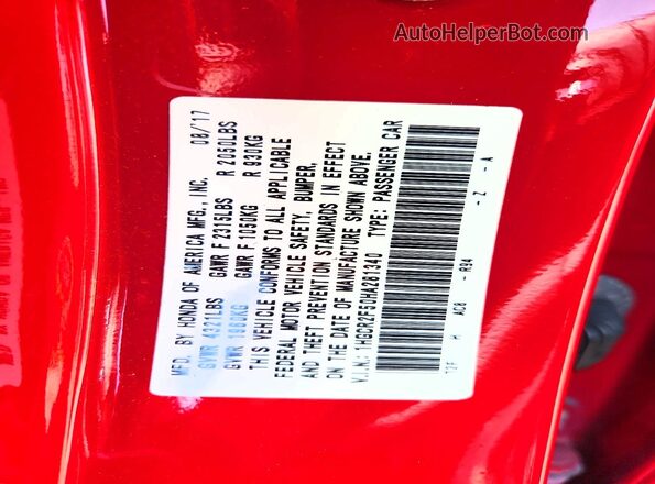 1HGCR2F50HA281340 2017 HONDA ACCORD Red Вид наклейки з VIN-кодом