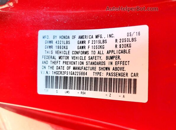 1HGCR2F51GA225664 2016 HONDA ACCORD Red Вид підкапотного простору