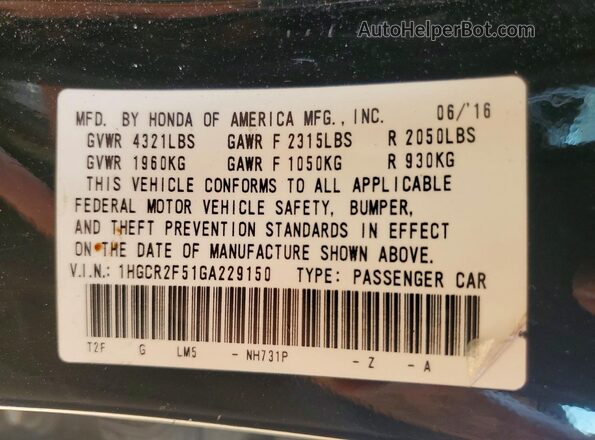 1HGCR2F51GA229150 2016 HONDA ACCORD Black Vista de la etiqueta del VIN