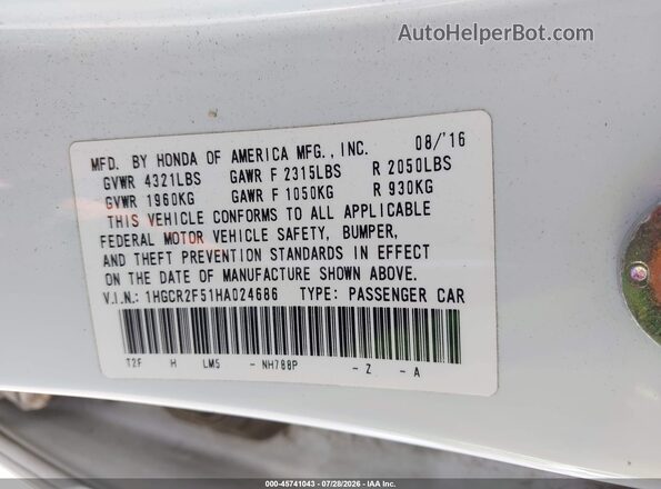 1HGCR2F51HA024686 2017 HONDA ACCORD White Vista del compartimento del motor