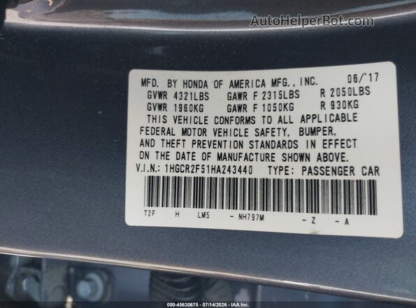 1HGCR2F51HA243440 2017 HONDA ACCORD Gray Շարժիչի բաժամունքի տեսք