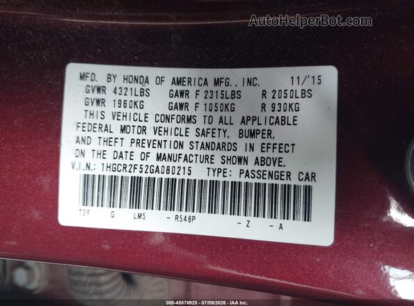 1HGCR2F52GA080215 2016 HONDA ACCORD Maroon ძრავის განყოფილების ხედი