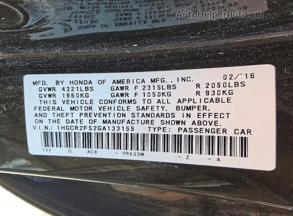 1HGCR2F52GA133155 2016 HONDA ACCORD Черный Вид подкапотного пространства