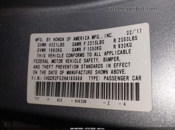 1HGCR2F52HA165668 2017 HONDA ACCORD Gray Շարժիչի բաժամունքի տեսք