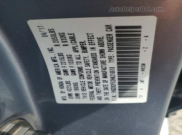 1HGCR2F52HA216618 2017 HONDA ACCORD Silver VIN კოდის სტიკერის ხედი