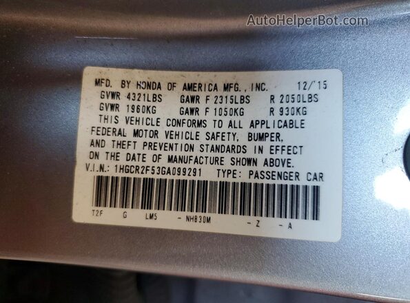 1HGCR2F53GA099291 2016 HONDA ACCORD Gray Engine compartment view