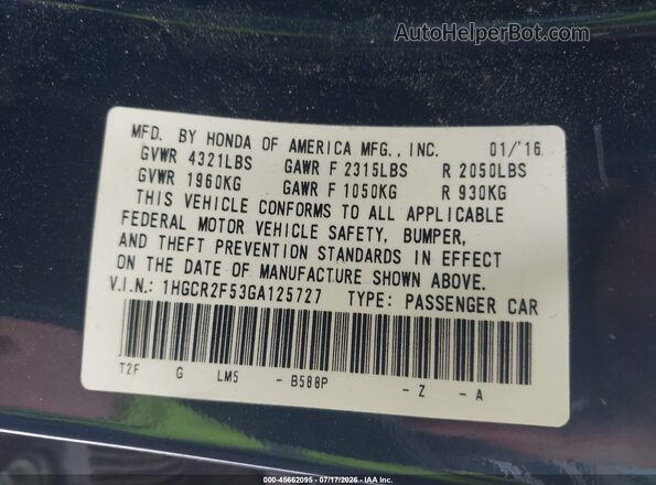 1HGCR2F53GA125727 2016 HONDA ACCORD Синий Вид подкапотного пространства