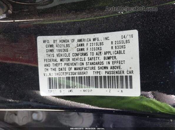 1HGCR2F53GA186947 2016 HONDA ACCORD Черный Вид подкапотного пространства