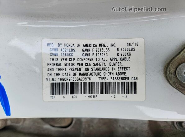 1HGCR2F53GA239761 2016 HONDA ACCORD White VIN sticker view
