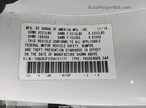 1HGCR2F53HA101171 2017 HONDA ACCORD White ძრავის განყოფილების ხედი