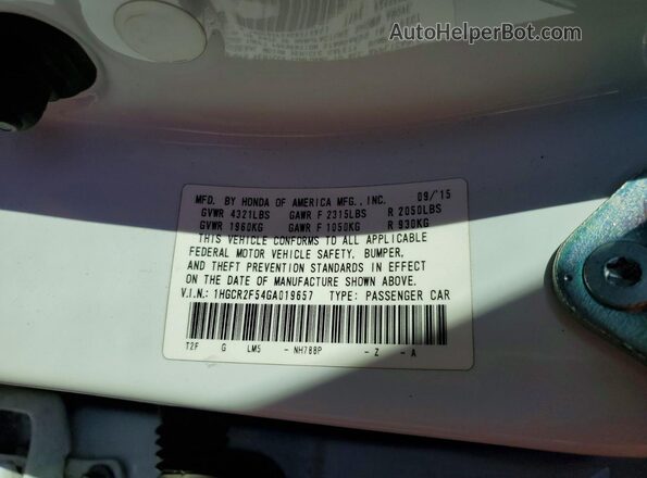1HGCR2F54GA019657 2016 HONDA ACCORD Белый Вид подкапотного пространства