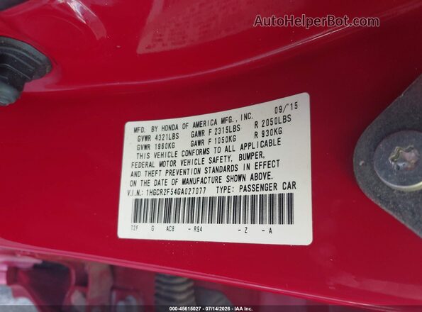 1HGCR2F54GA027077 2016 HONDA ACCORD Red ძრავის განყოფილების ხედი
