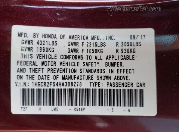 1HGCR2F54HA308278 2017 HONDA ACCORD Maroon Widok naklejki z numerem VIN