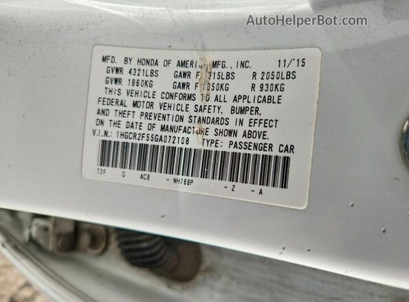 1HGCR2F55GA072108 2016 HONDA ACCORD White Vista de la etiqueta del VIN