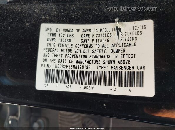 1HGCR2F55HA128193 2017 HONDA ACCORD Black Շարժիչի բաժամունքի տեսք