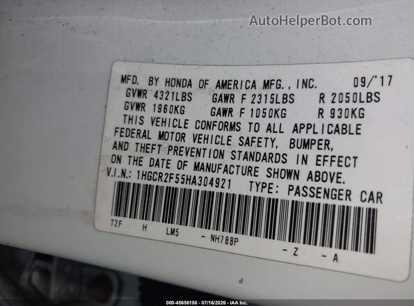 1HGCR2F55HA304921 2017 HONDA ACCORD Белый Вид подкапотного пространства